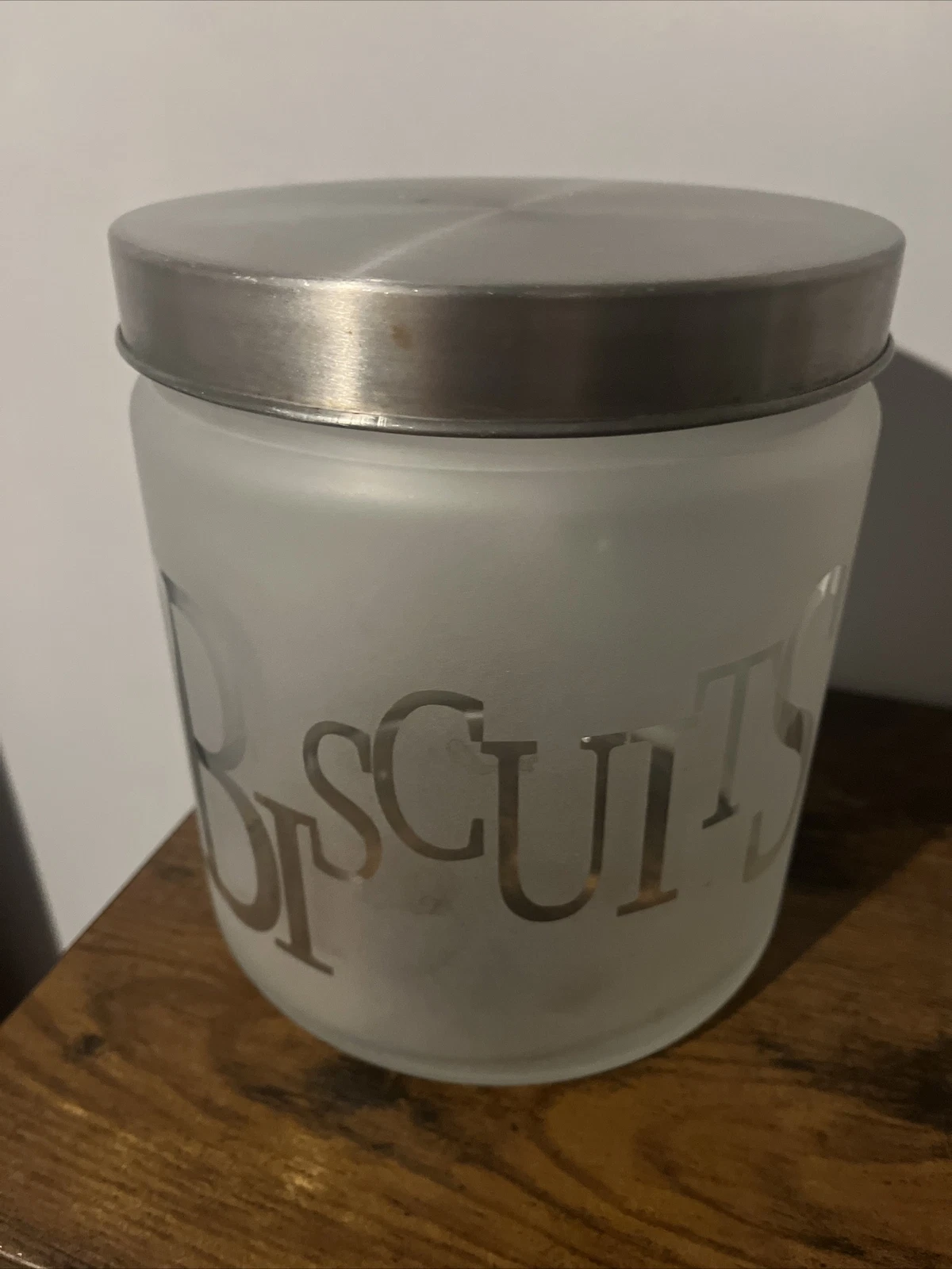 FROSTED GLASS BISCUIT JAR, TIN PUSH ON LID CANISTER