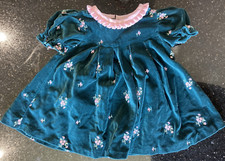 Vintage Baby Girl Dress 6-9 M Dark Green Velvet w/Pink Embroidered Flowers
