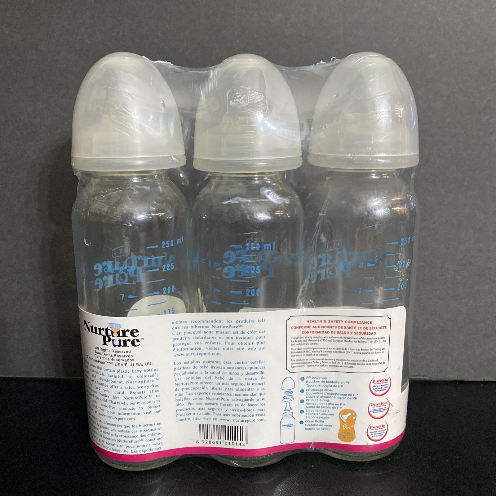 Vintage Nurture Pure Glass Baby Bottles Streamline 8 oz NOS 3 Pack w/ Lids NEW