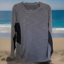 Size M Hang Ten Mens Long Sleeve Rash Guard Shirt UPF 50 Zip Pocket Blk/Gray See