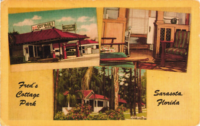 Sarasota Florida Fred's Cottage Park Postcard 1940s Old Cars