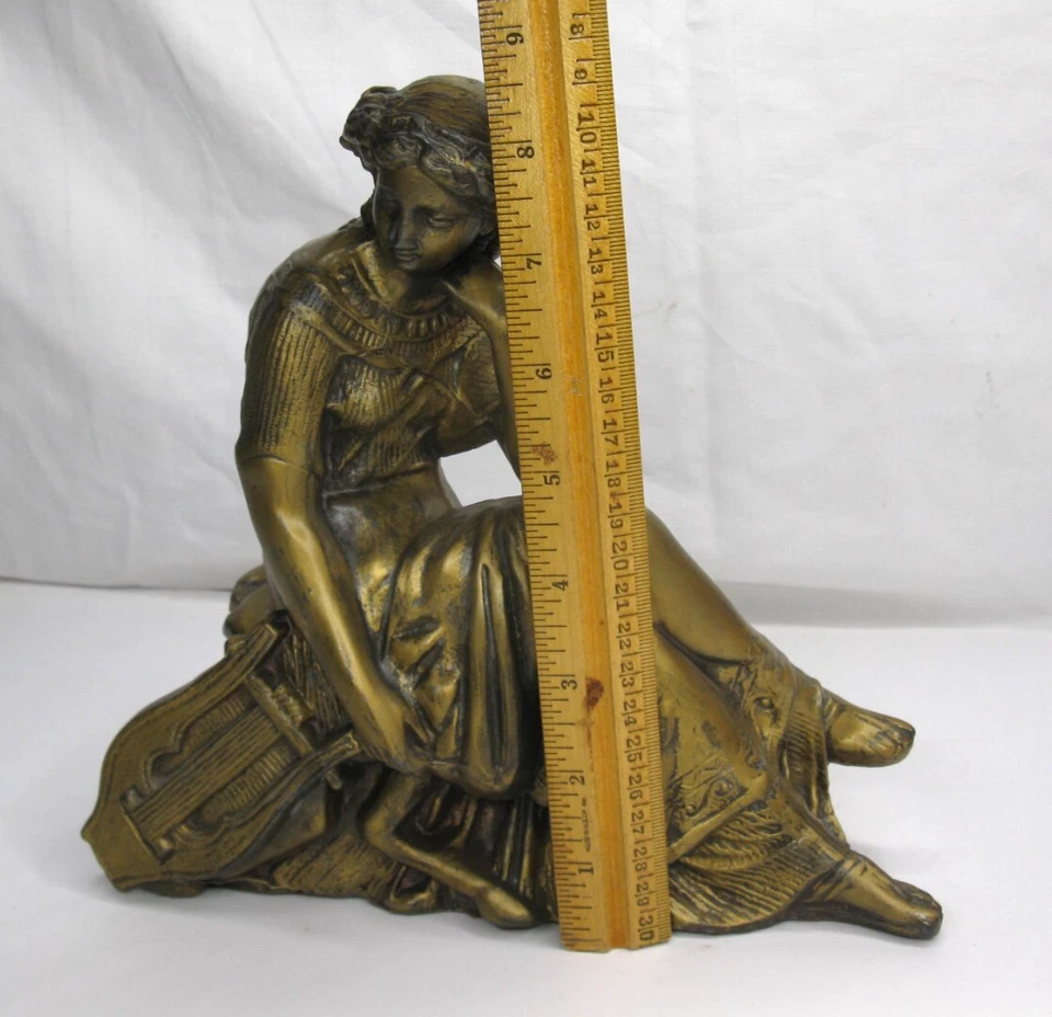 Antique Cast Metal Spelter Roman Greek Goddess Woman w/ Harp Clock Topper - Image 2 of 4