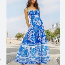 Farm Rio Blue Full Of Flowers Organic Cotton Midi Dress - Size XL