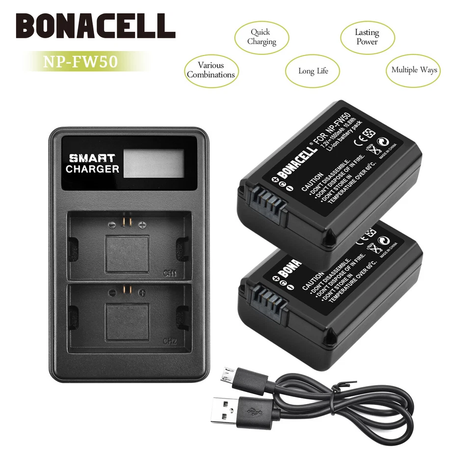 2pack Battery + Charger NP-FW50 For Sony NEX3 NEX5 NEX7 SLT-A55 RX10 II A5000 - Image 4 of 4