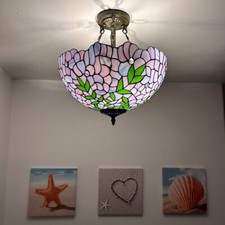 Tiffany Style Ceiling Lights Purple Stained Glass Green Leaves 16"H 16"W 16"D