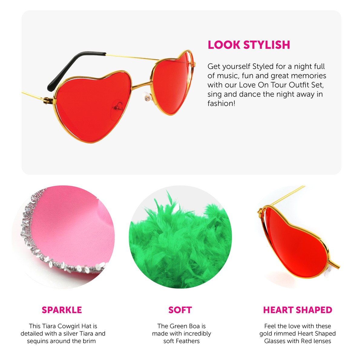 HARRY STYLES LOVE TOUR GREEN BOA, HAT HEART GLASSES SET CONCERT