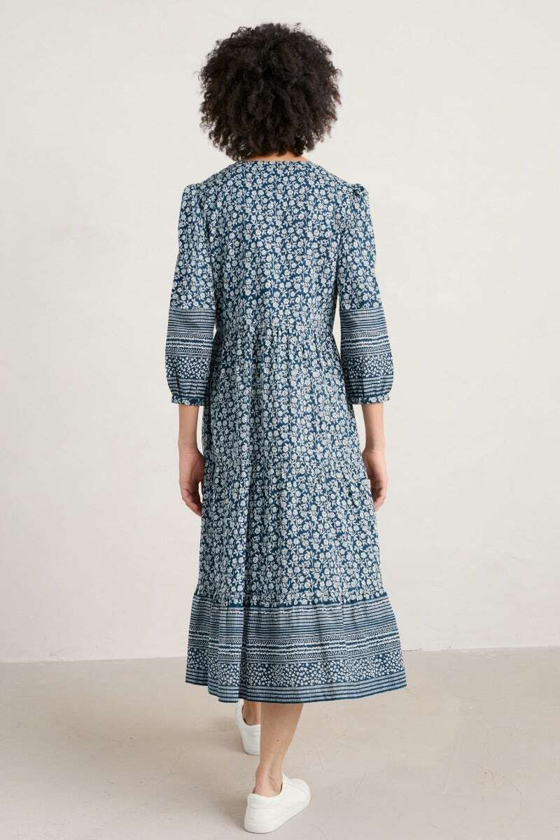 Seasalt Women's Dress teal Charbon Dress Regular Blossom Border