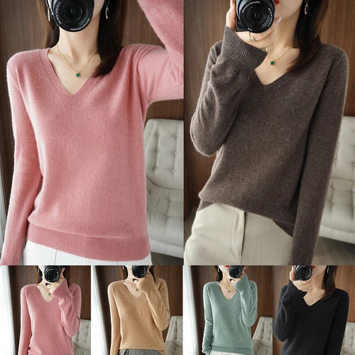 Autumn Winter Warm Cashmere Sweater Woman V-Neck Pullover Casual Knitted Tops - Bild 5 von 19