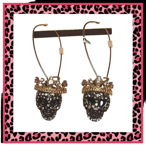Goth Earrings Betsey Johnson Sugar Skull Rose Rhinestone  Rare Vintage Betsey Johnson Film Noir Rhinestone Studded Skull Earrings display picture 1