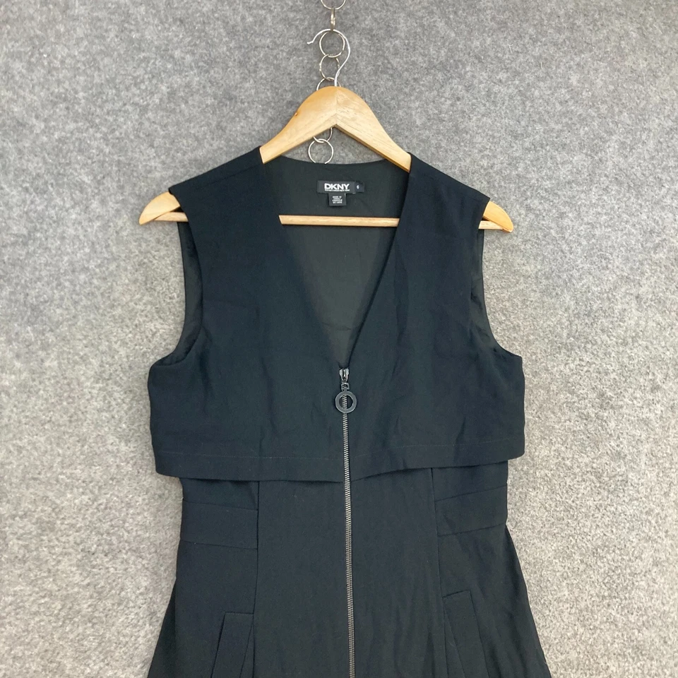 Vestido para mujer DKNY talla 6 negro sin mangas línea A bolsillos cuello en V 21831 Foto 2 de 4