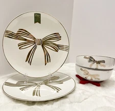 Bow Tie Bows Gold Trim Dinner Plates and Bowls Set Porcelain Tableware NEW