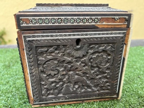 19thC INDIAN SANDALWOOD TEA CADDY WITH INTRICATE RELIEF CARVINGS c1880s