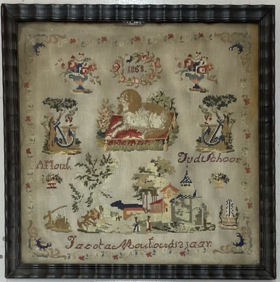 Needlework Sampler Dog,Vases,Flowers,House,Anchors,People C1858 Antique French
