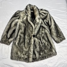 Women  s Vintage 1970  s - 1980  s Faux Fur Coat Union Made Silver Black READ