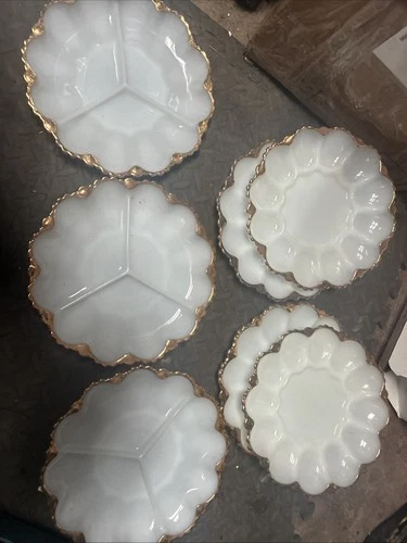 Lot 4 Gold Trim Vtg Anchor Hocking Milk Glass Egg Plates And 3 divided Plates