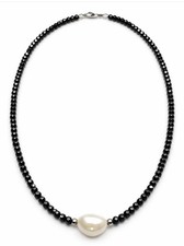 Black Spinel Necklace 18  Baroque Pearl 14.4mm Sterling Silver Clasp