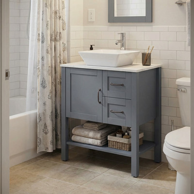 30'' Free Standing Bathroom Vanity with Single Ceramic Sink Faucet Mirror Gray