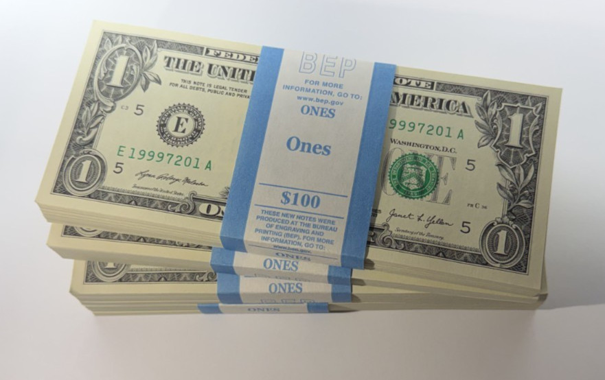 BEP strap 2021 EA block leading 1999 date fancy serial number $1 1 dollar bill