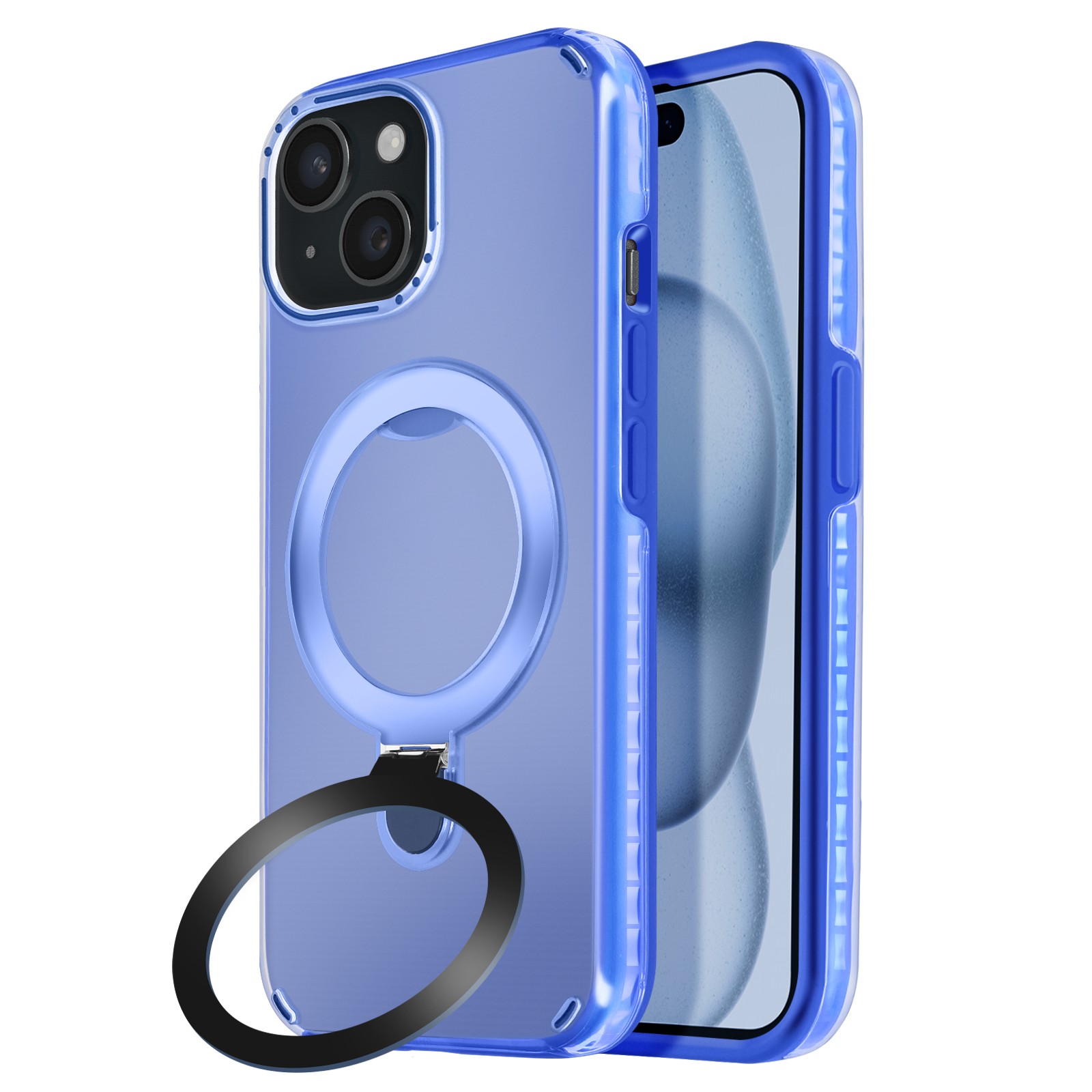 Coque iPhone 15 antichoc bleue avec support vidéo intégré Avizar