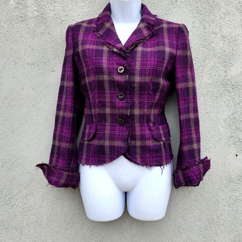Alberta Ferretti, Giacca Lana Vintage Filosofia Alberta Ferretti Plaid Viola Italia Bordo Grezzo S