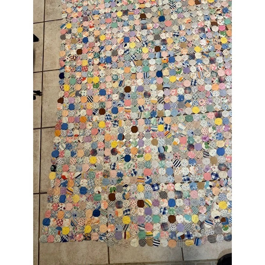 复古 Yo Yo 被子手工拼布五颜六色的床罩毯 65"x98" — 第 2/4 张图片