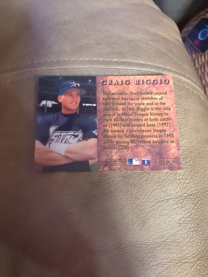 1996 Fleer Ultra Baseball Series 1 #12 of 18 Craig Biggio Prime Leather Card PWE - Image 2 of 2