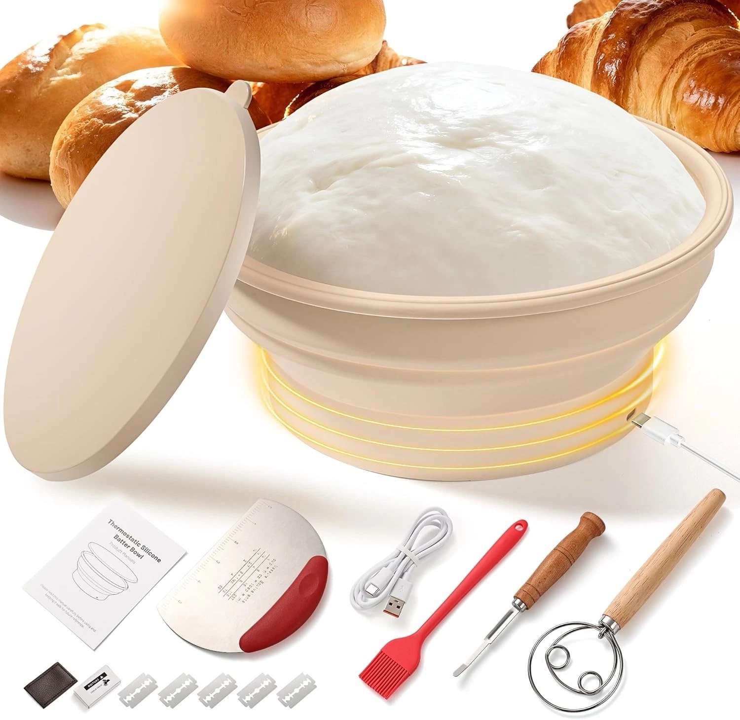 Heating Sourdough Bread Proofing Basket Set, Electric Thermostatic Silicone B...
