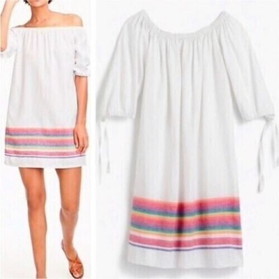J Crew Linen Mini Dress White Rainbow Stripe Off Shoulder Size XS
