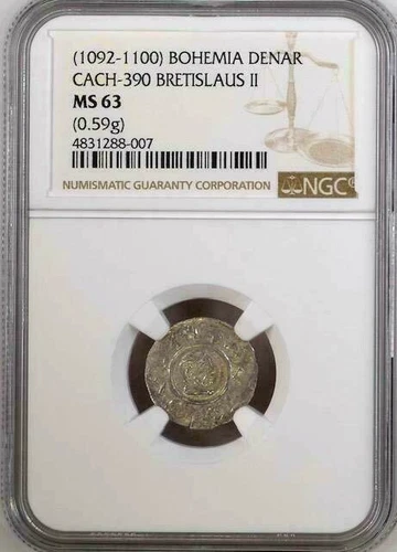 Bohemia Silver Denar Bretislaus II 1092-1100 NGC MS63  Cach-390