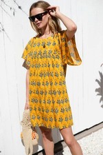 Emerson Fry India Collection Cotton Block Print Dress Medium Basalie Marigolds