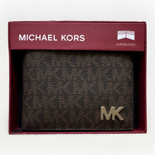 Cartera billetera Michael Kors delgada plegable para hombre, patrón de logotipo, marrón/negro