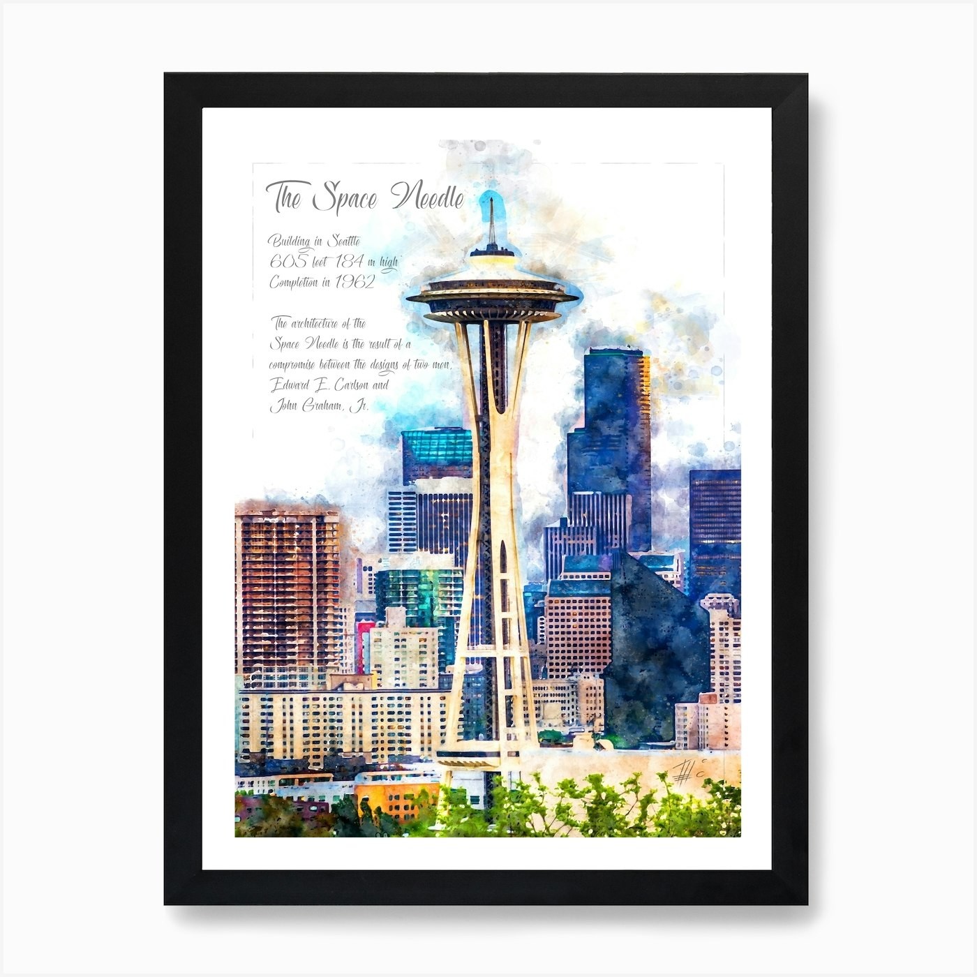 Space Needle Seattle Watercolor Art Framed Canvas Wall Decor