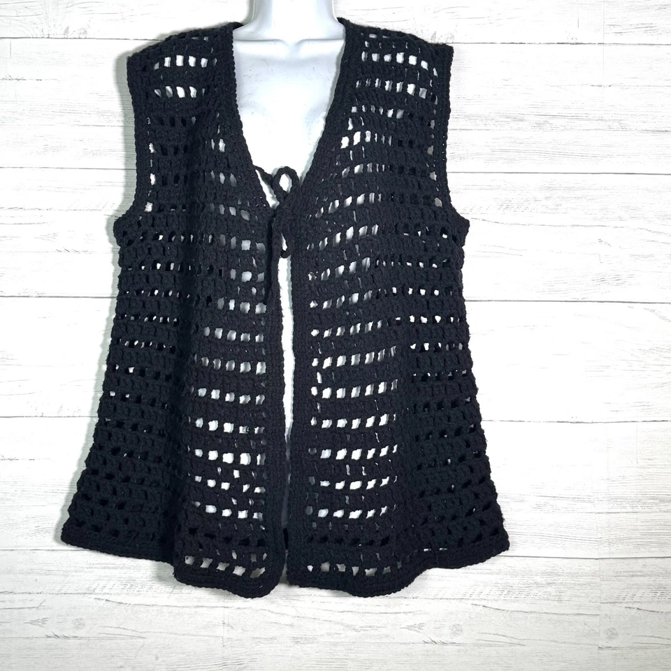 Vintage Black Hand Crocheted Sleeveless Vest Boho Women’s Sz Large Tie Front - Image 4 of 4