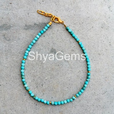 Handmade Blue Turquoise Beaded Anklet, 3mm Round Gemstone, Sterling Silver Clas