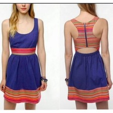 ANTHRO STARING AT STARS LINEN & BRIGHT STRIPE SUN DRESS SIZE SMALL NWOT