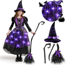 Spooktacular Creations Girls Purple Light Up Witch Costume Dress, Hat, Broom