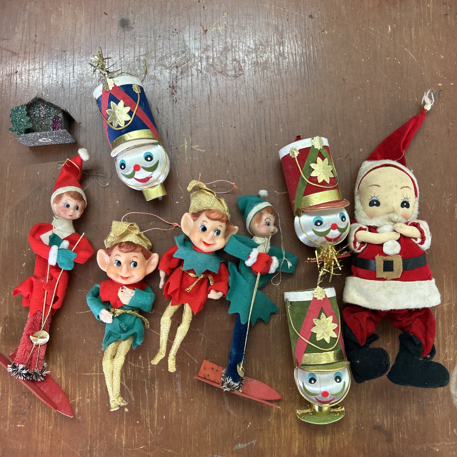 Vintage Japanese MCM Christmas Ornaments Knee Hugger Elf Pixies Stockinette