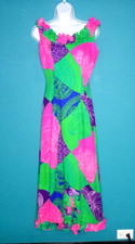 Vtg 60s 70s Waltah Clarkes Hawaiian Barkcloth Maxi Dress Pink Green Purple Sz S