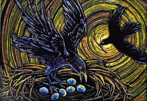 ACEO Original Birds Raven Crow Nest Egg Sun Sky Scratchboard Art Card ATC 