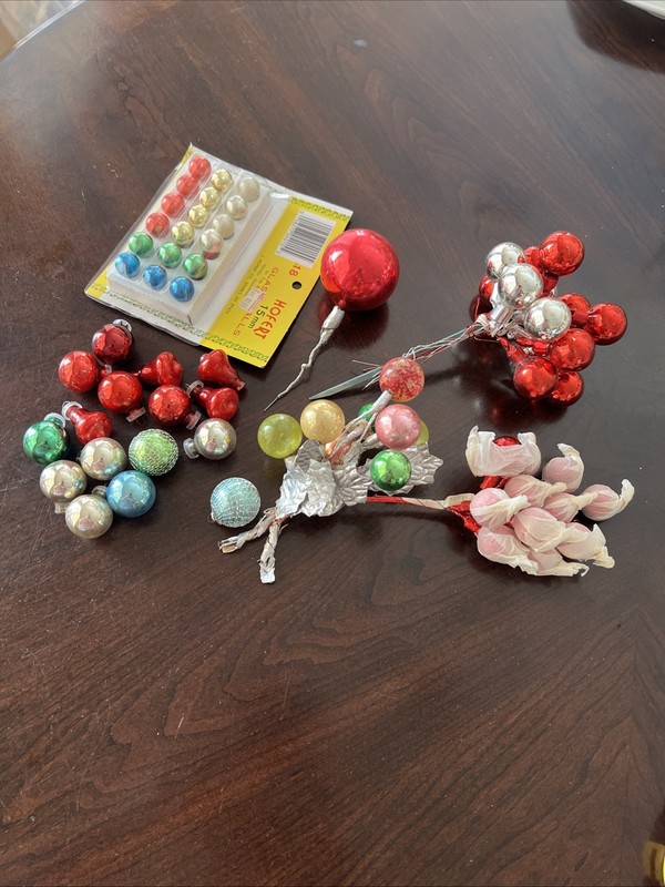 Vtg. Lot Blue, Silver, Red Mercury Glass Christmas Ball Stem Wire Floral Picks