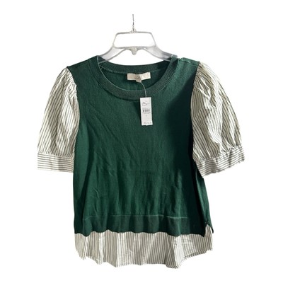 Loft Striped Layered Mixed Media Poplin Short Sleeve Blouse Green Cotton Small