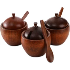 3 Pack Wood Salt Box Spice Jar, Natural Wooden Salt Cellar with Lid and Spoon
