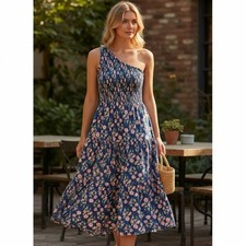 Lulus Maxi Dress Women M Navy Floral One Shoulder Smocked 100 Cotton Cottagecore