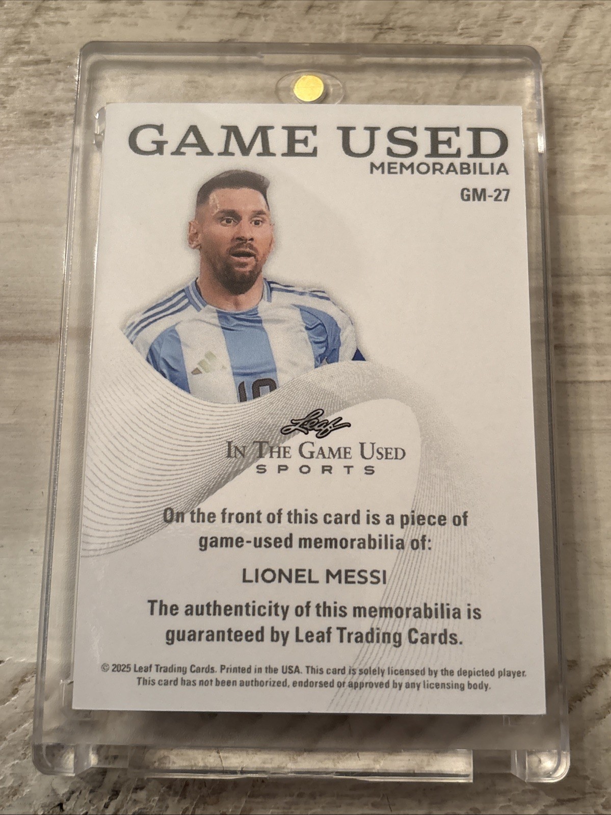 2025 Leaf In The Game Used Lionel Messi Jersey Memorabilia 6/15 Match Worn SSP view 2