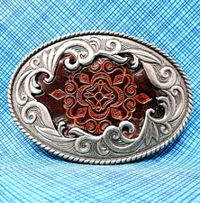 Western Floral Scroll Belt Buckle Leather Inlay Cowboy Cowgirl Vtg 90s  .PCB186