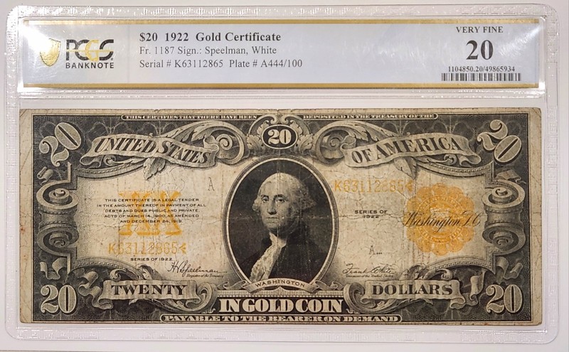 1922 $20 Gold Certificate PCGS Very Fine 20 Fr. 1187 Large Size Currency Note