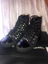 NIB CHANEL Floral Cutout Hightop Sneakers Black Leather w/Patent Tip Sz.37 1.2K