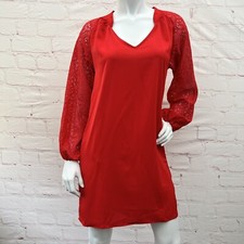 Women's short Dress Lace Hollow Long Sleeve V-Neck Shift Dress with Pocket Sz S