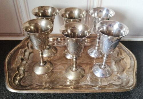 7 Pieces-6 Little Goblets/Cups+Tray-Marked P.N-Etch Decors.H-9.7xD-5cm/500g. - Picture 1 of 10