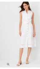Ann Taylor Petite Linen Blend Split Neck Sleeveless Shirtdress white 8P